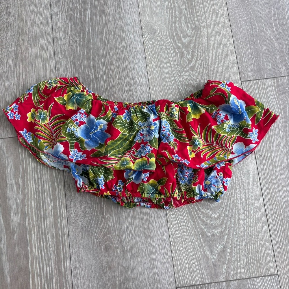Just From Bali Womens Red Tropical Floral Off-The-Shoulder Crop‎ Top Free Size
